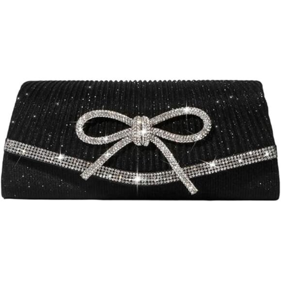 Bow Evening Bag Sparkly Clutch Purses for Women Wedding Glitter Rhinestone black - Picture 8 of 8